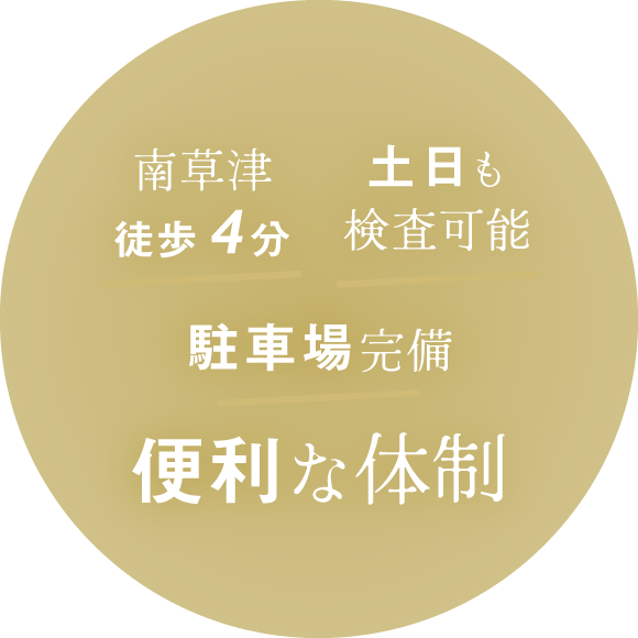 「南草津徒歩4分」「土日も検査可能」「駐車場完備」便利な体制